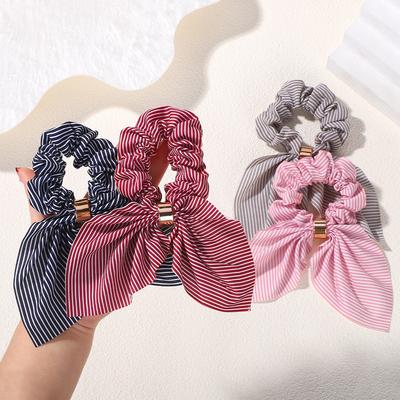 Korea Cute Rabbit Ear Striped Metal Buckle Hair Scrunchies Elastic Hair Bands Ties Rope Bands Ponytail Bands Hair Accessories