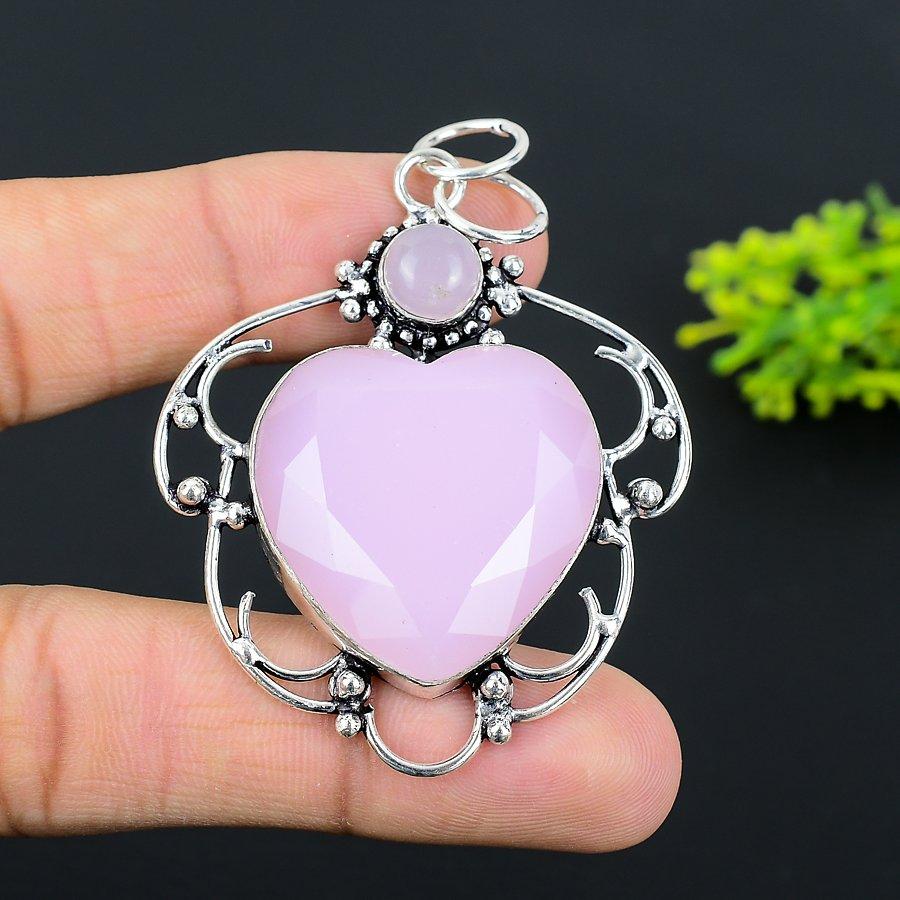 Natural Pink Chalcedony Gemstone 925 Sterling Silver Gift Pendant 2.60" U1g32