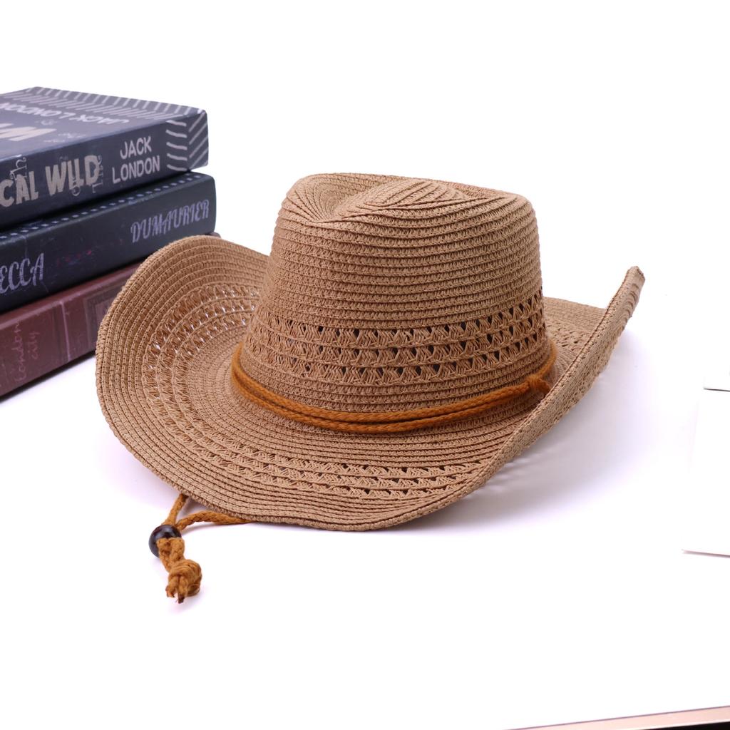 Hollow lace-up Panama straw hat new big eaves western cowboy hat summer outdoor sun protection hat