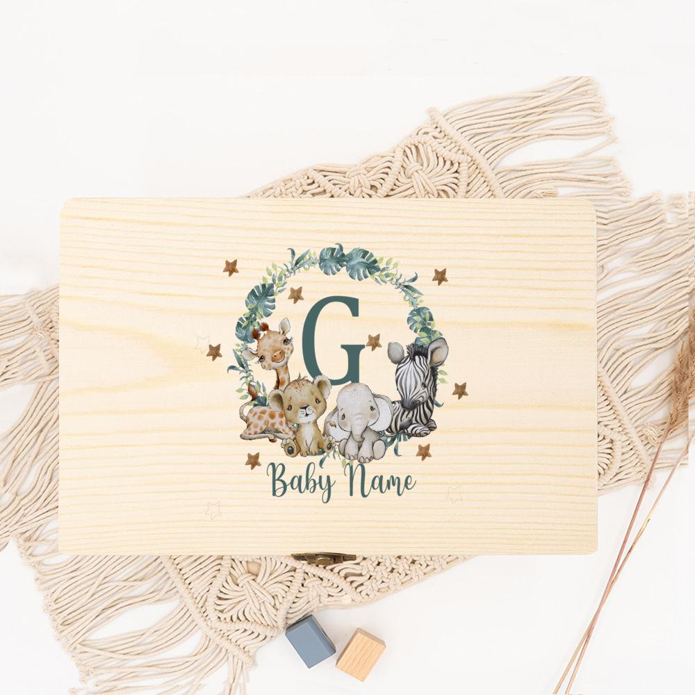 Baby Memory Box As A Gift for A Birth or Baptism Personalized Wooden Keepsake Boxes Newborn Animal with Name Birth Dates Case