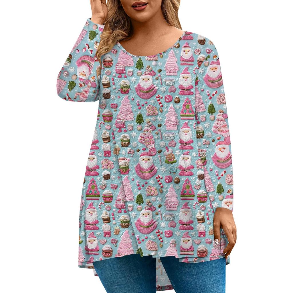 Women's Fashion Large Size Round Neck Long Sleeve Casual Christmas Print Loose Pullover Top
