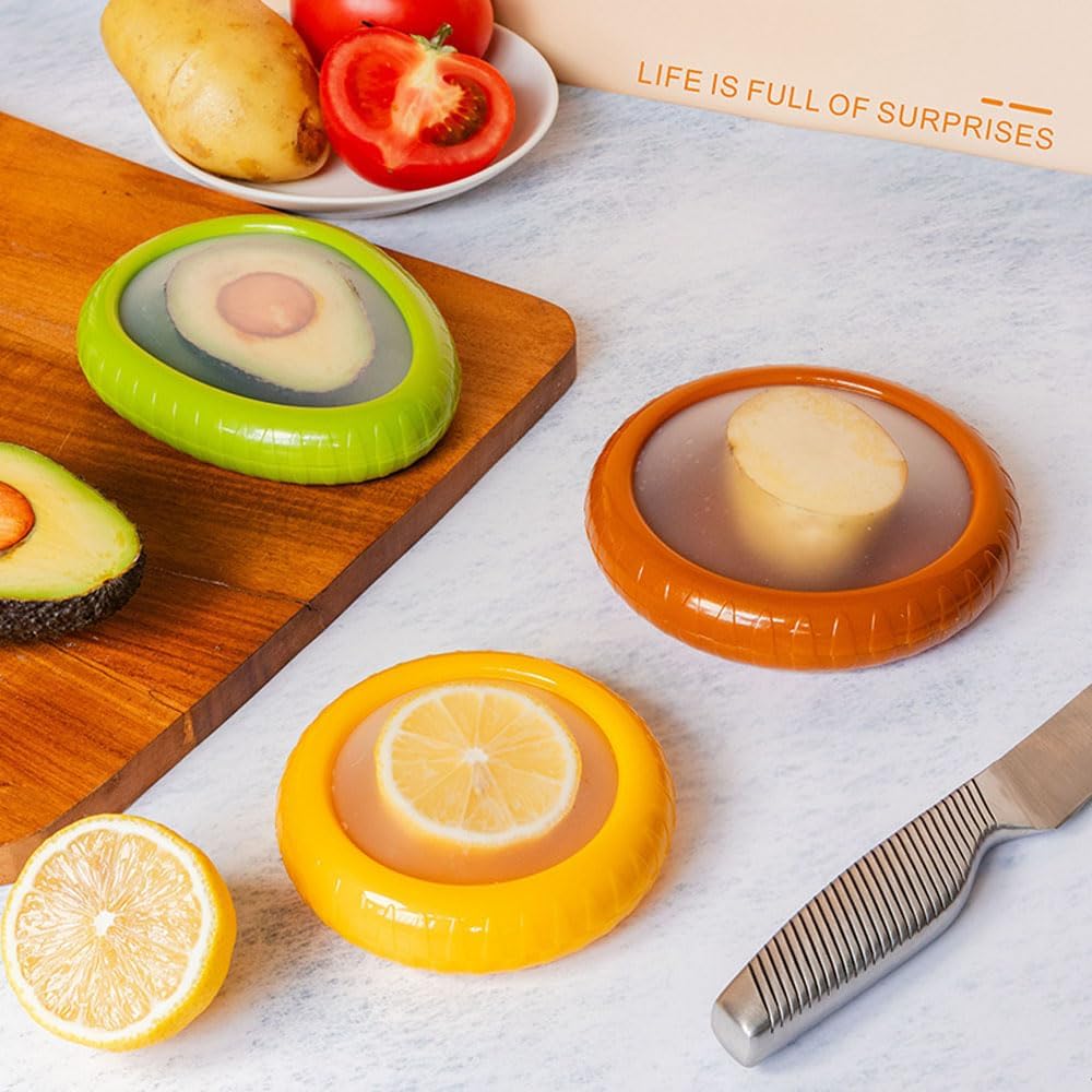 4PCs Silicone film cover+ABS Fruit and Vegetable Storage Containers Set for Fridge, Onion Storage Container, Avocado keeper,Tomato Saver,and Lemon