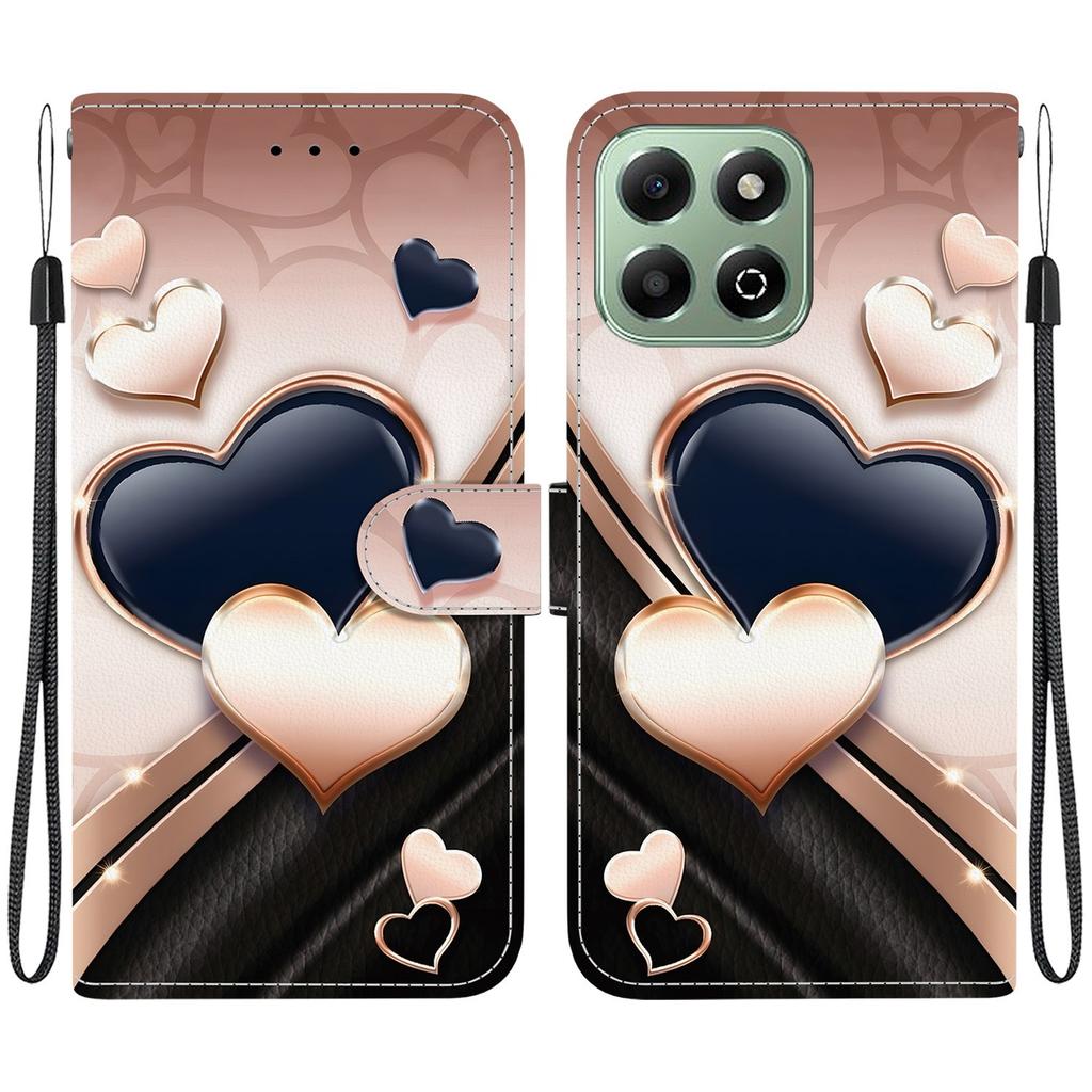 Handmade PU Leather Flip Case for Honor X6b Anti-Slip Shockproof Cover with Wrist Strap & Heart/Rose Cat Designs