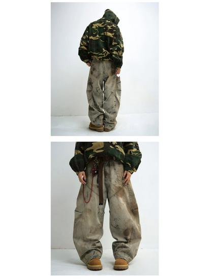 Gender-Free Yellow Mud Dyed Distressed Wide-Leg Jeans