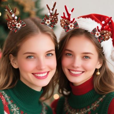 1 Pair Christmas Hairpins Holiday Antlers Design Faux Pearls Plush Ball Decor Hair Clips Christmas Party Photography Props