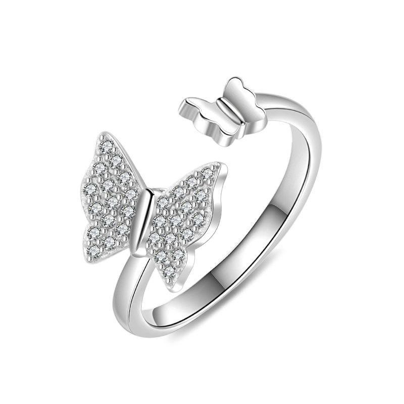 Dainty Butterfly Anxiety Ring For Women Metal Copper Inlaid Rhinestone Spinner Fidget Anti-Stress Adjustable Open Ring
