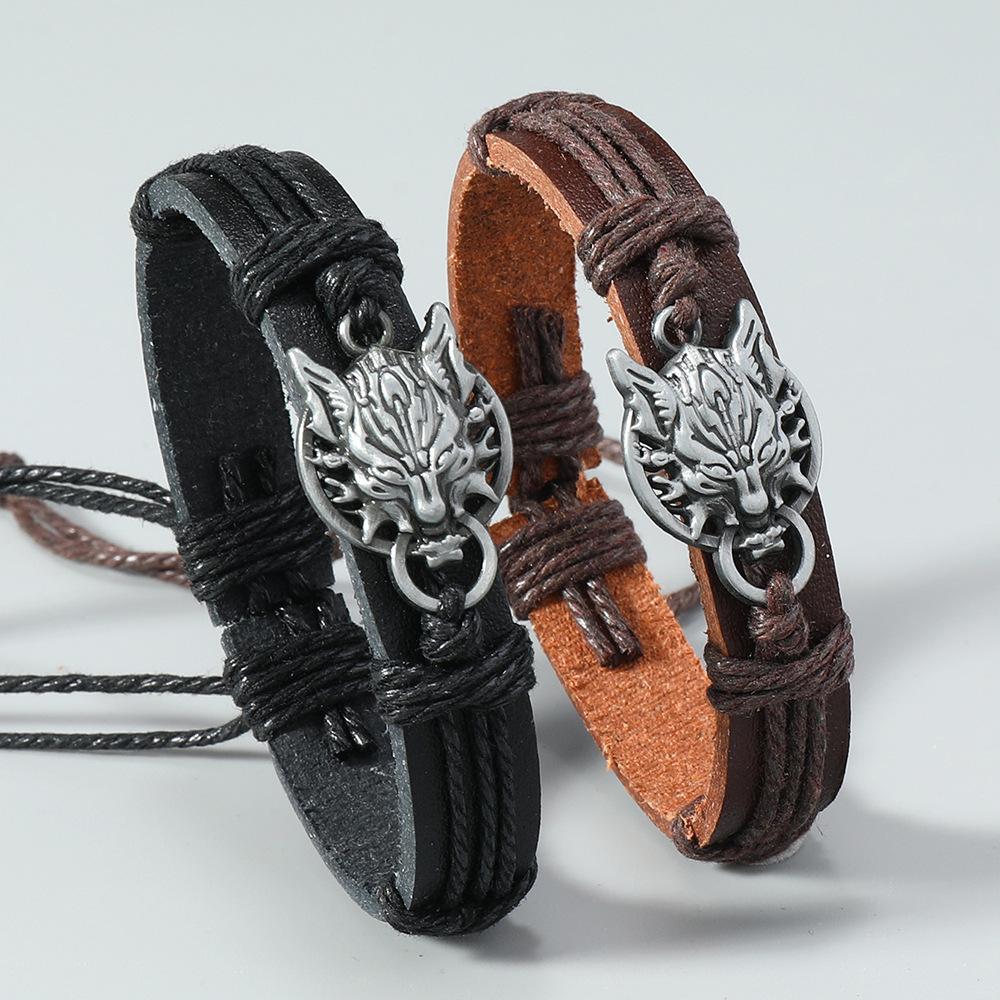 Retro Wolf Head Charm Bracelet for Men Handwoven Leather Adjustable Punk Style Bracelet Simple Jewelry Gift