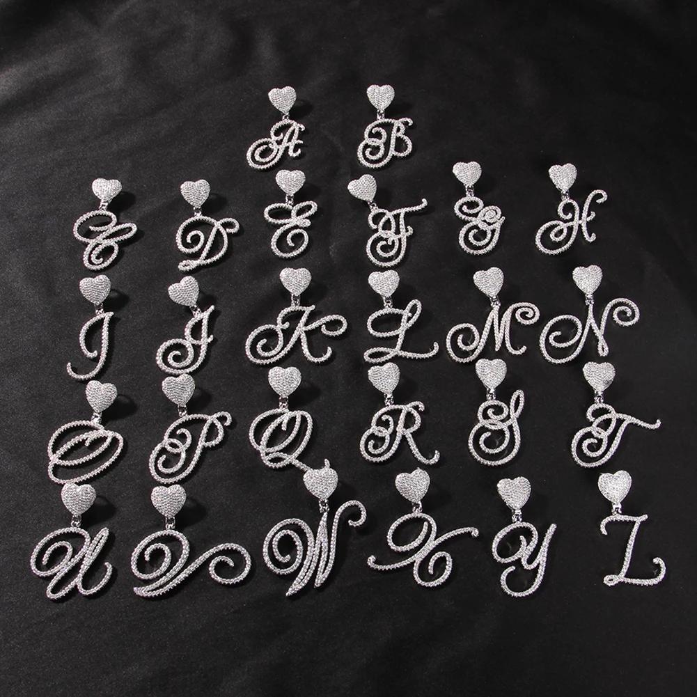 Fashion Hip Hop Jewelry Iced Out CZ Heart Bail Cursive Initial Letters Necklace with 9mm Cuban Link Chain for Drop Shipping