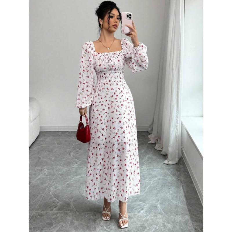 Europe, America 2026 summer new temperament fashion slim and thin printed square neck elegant dress XS