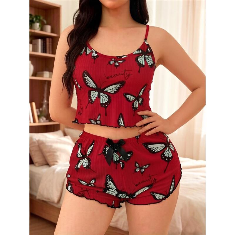 Women's Butterfly Print 2-Piece Loungewear Cami Top & Shorts Pajama Set Soft Milk Silk Sleepwear