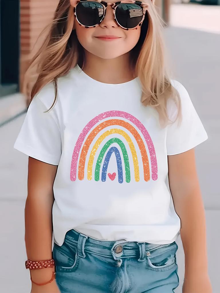 Summer Baby Girl Clothes Kid Girls Casual Colorful Rainbow Printed Tshirts Children Fashion Crew Neck Short Sleeve Top
