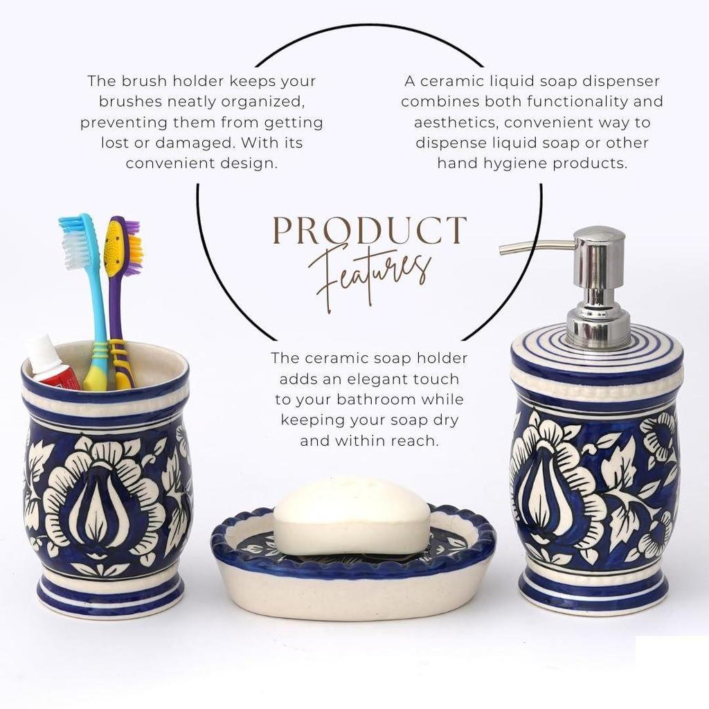 Premium Keramik Badezimmer-Accessoire-Set 3-teilig | Modernes handbemaltes Luxus-Badezimmer-Set mit 300 ml Seifenspender, Zahnbürstenhalter & Seifenschale |