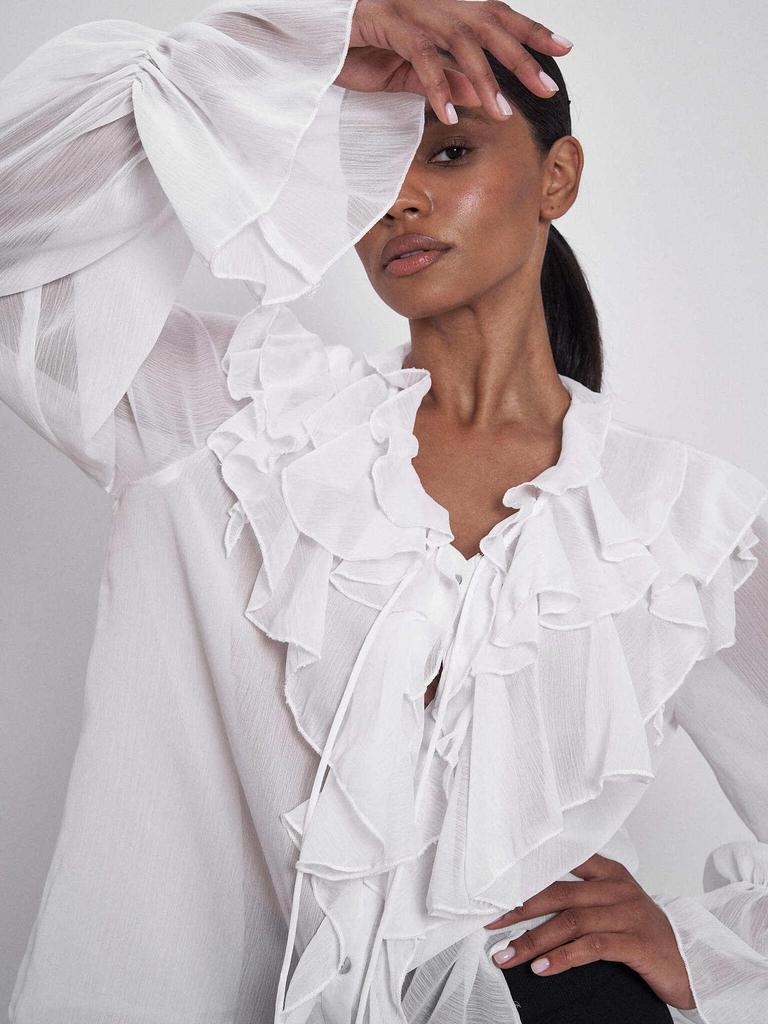 Stylish European & American Tie-Up Puff Sleeve Ruffle V-Neck Blouse - Solid Color Women's Spring Top
