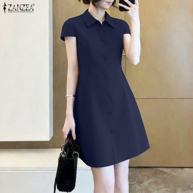 ZANZEA Women Casual Turn Down Collar Short Sleeve Dress