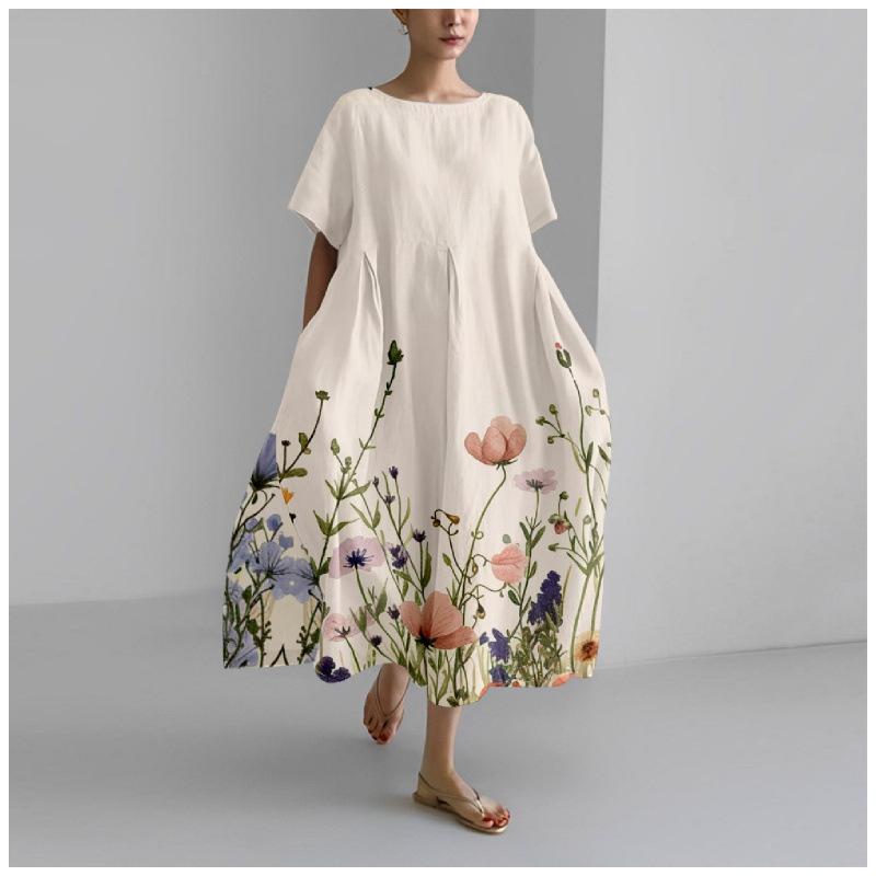 Damen Sommer Übergröße Gestreiftes Print Maxikleid, Lässiges Lockeres Rundhals Kurzarm Oversized A-Linien-Kleid