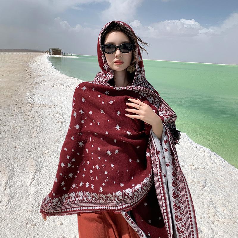 Осенне-зимняя шаль женская имитация кашемира теплая в богемном этническом стиле кисточка — фото 12