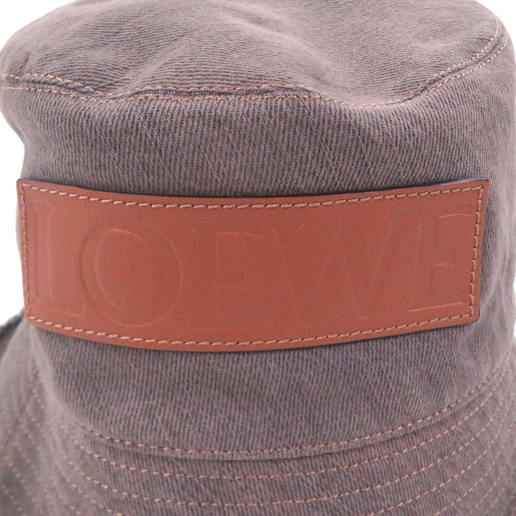 Great LOEWE hat Logo leather patch fringe denim bucket bag Brown cotton mens 57 Used