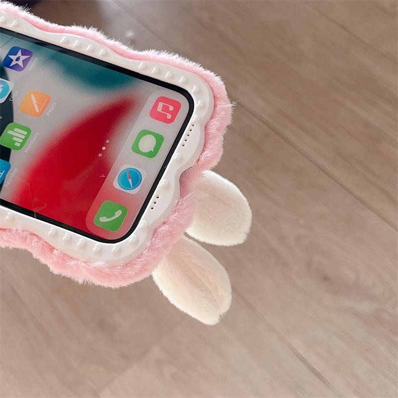 Wave Plush Mobile Phone Case for Huawei Mate50Pro & P40 - Cute Rabbit Design with Pull-out Stand, Anti-fall & Moisture-resistant.