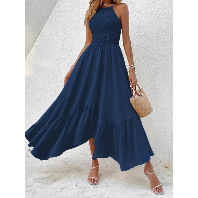 Damen Smocked Neckholder Maxikleid Ärmellos A-Linie Lässig Sommer Sonnentuchkleid