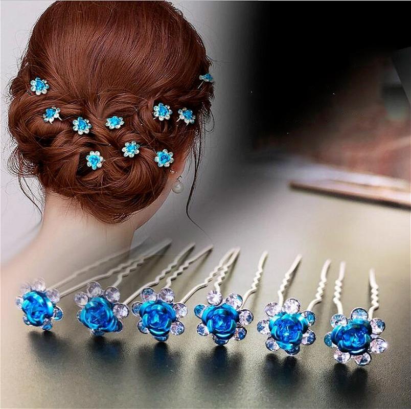 10pc Bridal Hair Jewelry Women Rose Flower Silver Pin U-shaped Pin Metal Barrette Clip Hairpins Wedding Hair Ornament Accessorie