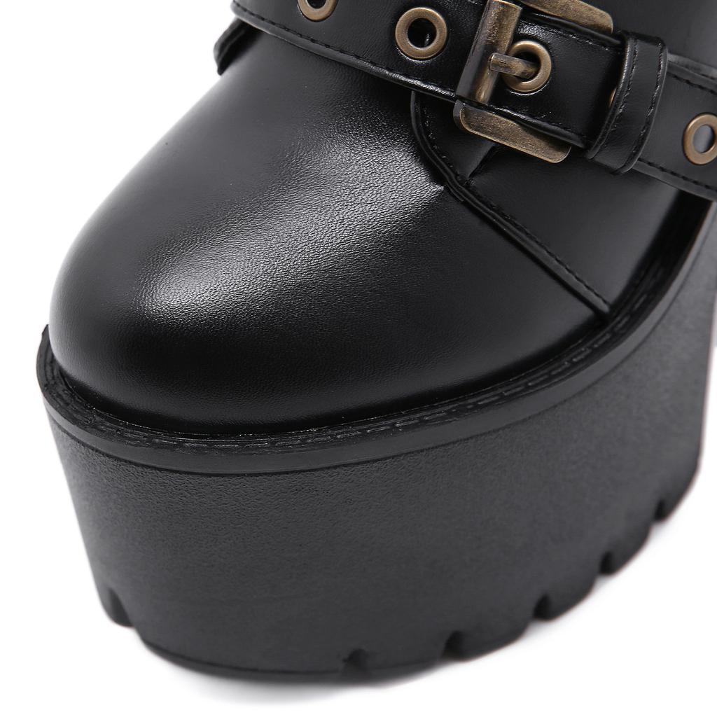 Fashion New Sexy Chain Women Leather Autumn Boots Block Heel Gothic Black Punk Style Platform Shoes Female Footwear High Quality