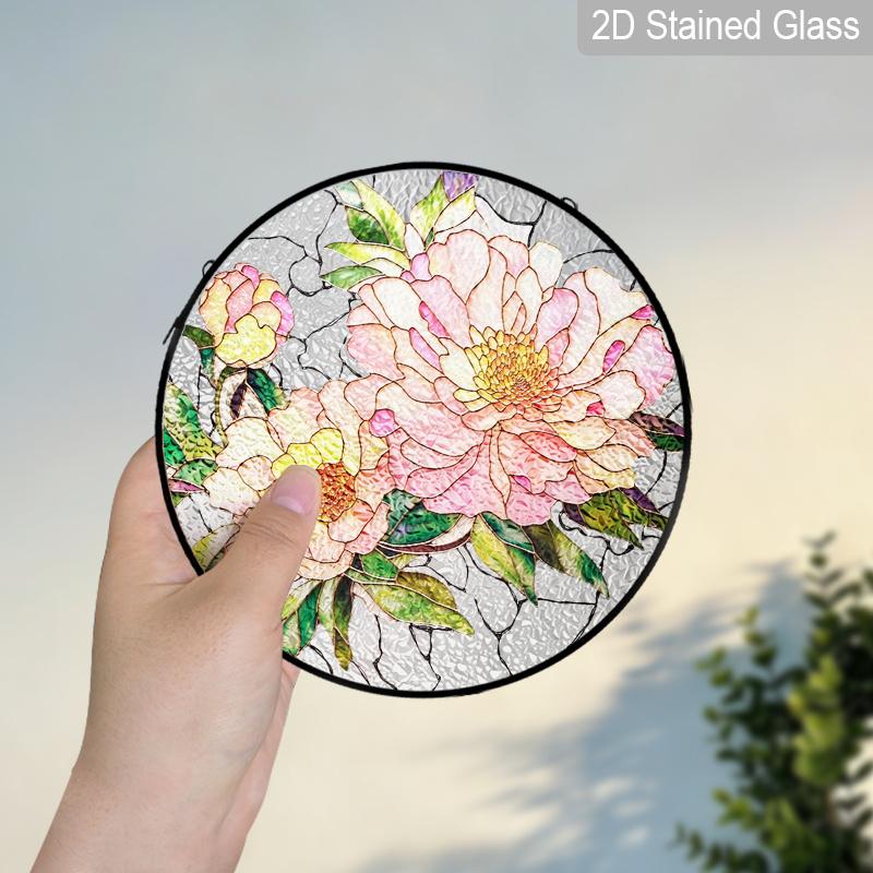 2D Flat Stained Glass Pink Peony Window Decoration, Elegant Colored Glass Plate with Chain, Charming Spring Summer Sun Catcher Wall Art Home Garden