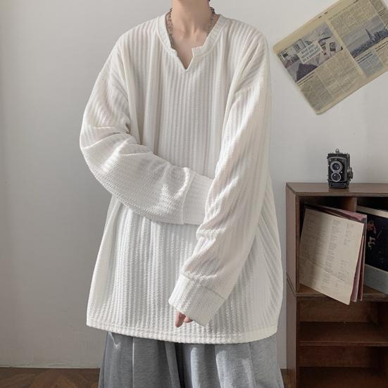 Spring Autumn Men Top V Neck Long Sleeves Oversized Solid Color Loose Mid Length Striped Texture Pullover Hip Hop Streetwear Sweatshirt