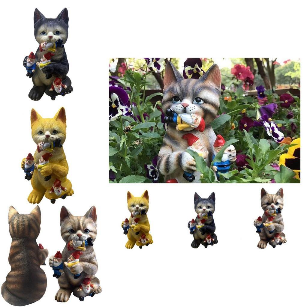 Whimsical Garden Decor Resin Statue Of Cat With Dwarf Handcrafted