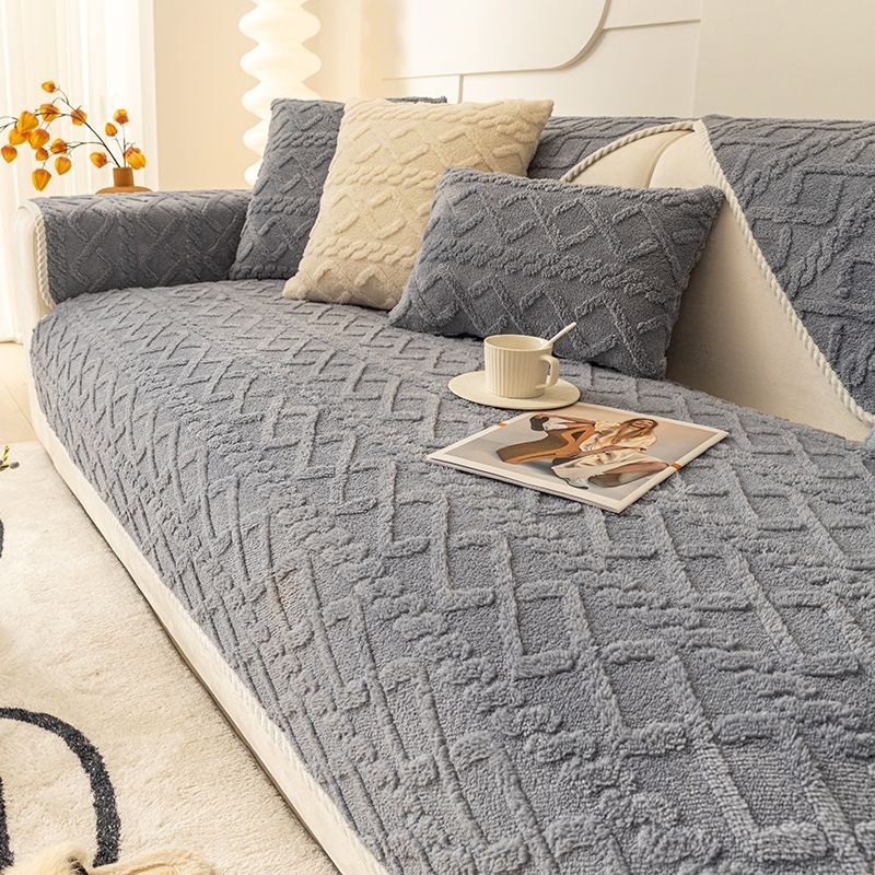 Solid Color Plush Sofa Cushion Winter Thickened Non-Slip Seat Cushion Winter Simple Sofa Cover All-Inclusive Cover