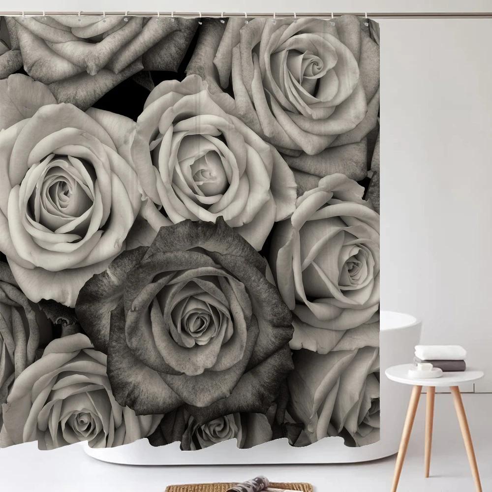 1Pcs Pink flower printing waterproof shower curtain,  Rose flowers wall bathroom decorative curtain with plastic hooks