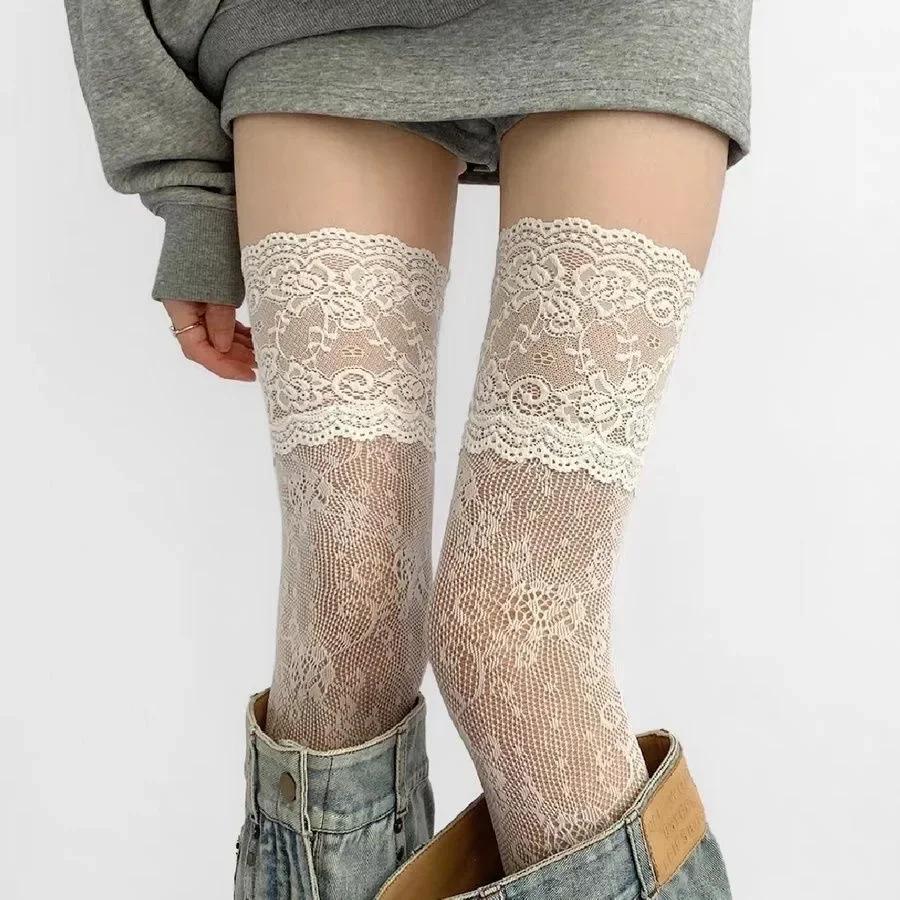 Y2k New Women Flower Lace Fishnet Thigh High Stockings Japanese Style JK Girl Sweet Lace Trim Frilly Over Knee Long Socks