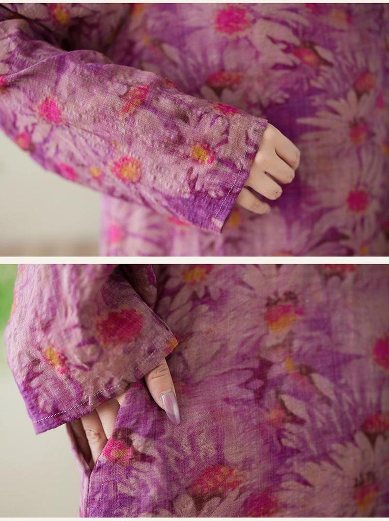 Vestito Festivo Taglie Forti: Cotone e Lino, Stampato, Girocollo, Manica Lunga, Vestibilità Ampia