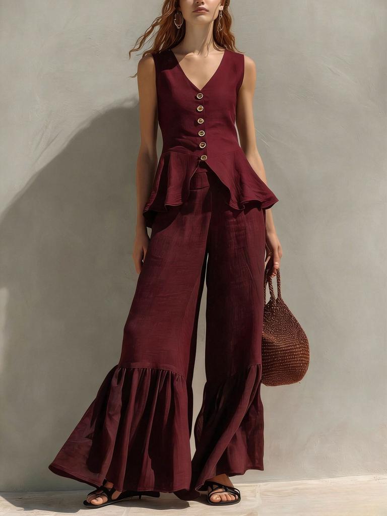 Women V Neck Sleeveless Top with Wide Leg Pants Ruffle Hem Tie Waist