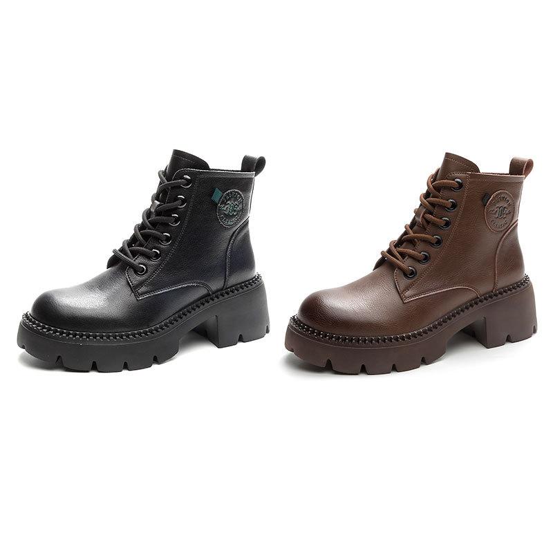Autumn and winter platform Martin boots women's 2025 explosion leather high-heeled short boots versatile boots brown thin knight boots