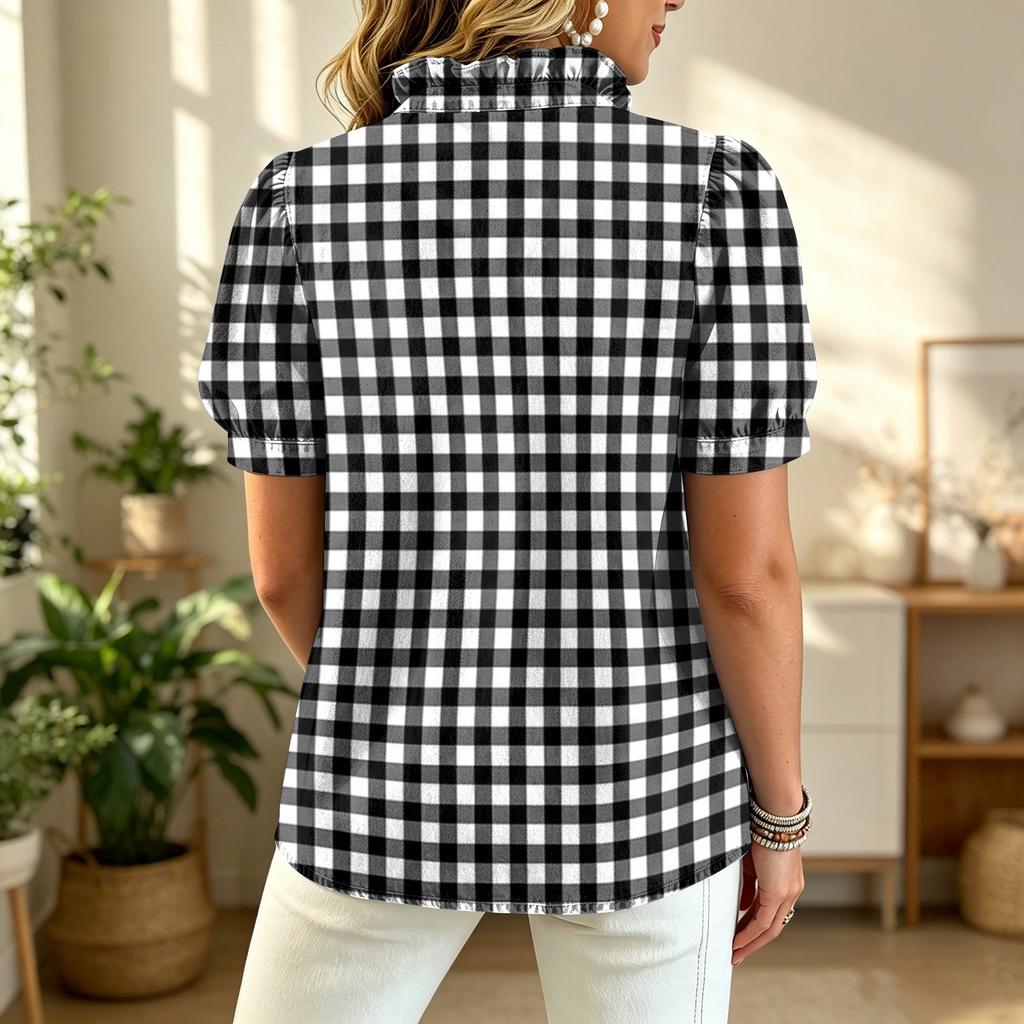 Women's Fashion Casual Ruffle V-Neck Plaid Print Blouse