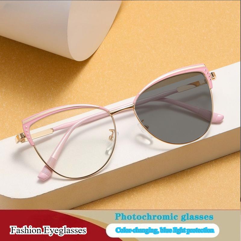 Stylish Metal Cat-eye Glasses, Unique European and American Style Anti-blue Light Glasses, Photochromic Glasses for Women.