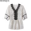 MODIQUE Summer Plus Size Summer Women T-Shirt Casual Loose V-Neck Lace Cotton Linen Tees Short Sleeve Elegant Lady Big Size