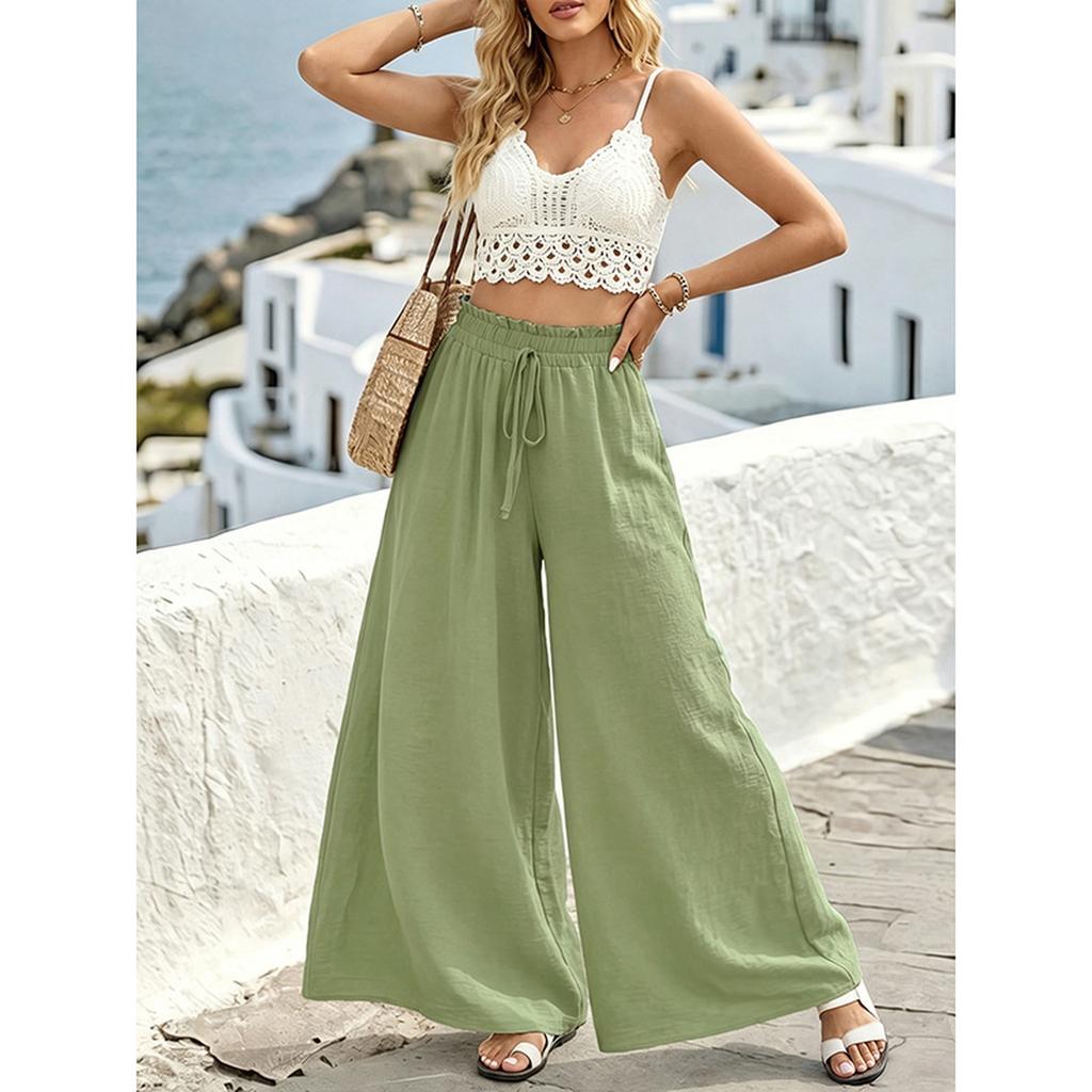 Women Loose Wide Leg Pants Elastic Waist Drawstring Trousers Casual Vacation Straight Leg Palazzo Pants