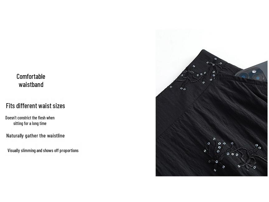 Women's Spring 2026 Retro High-Waist Sequin Embroidered A-Line Long Black Skirt