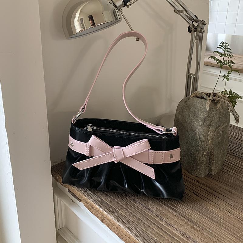 

Простой дизайн, сумка-багет с бантом и плиссировкой, женская летняя новинка, сумка через плечо на одном плече, маленькая квадратная сумка чёрный