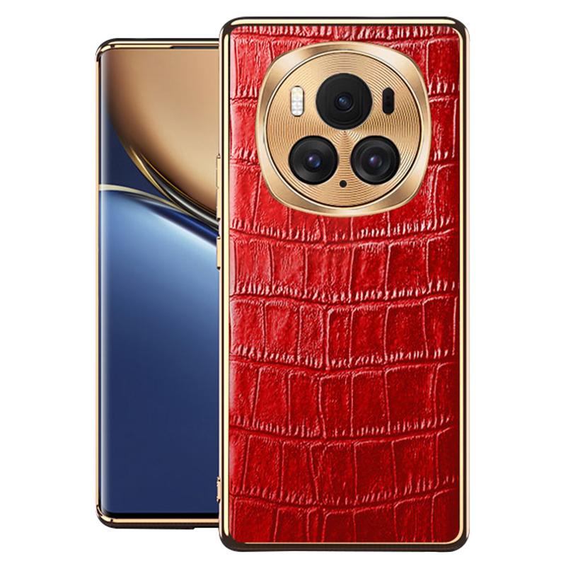 

For Honor Magic6 Pro 5G Mobile Phone Case Crocodile Texture Genuine Cow Leather+TPU+Metal Phone Cover Red