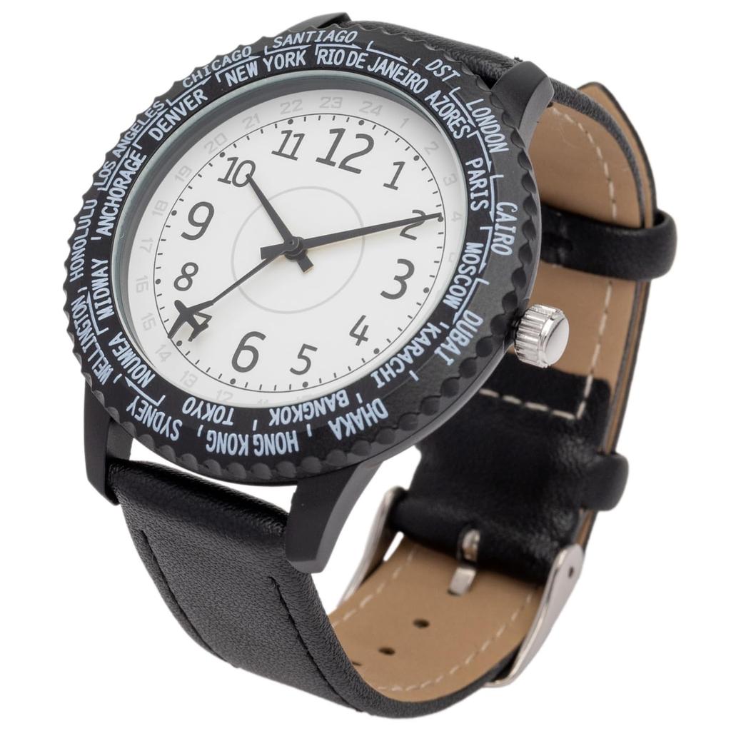 Fieldwork Women's Analog Watch with Leather Strap, World Time, Rotating Bezel, Black, Wald YM125-5