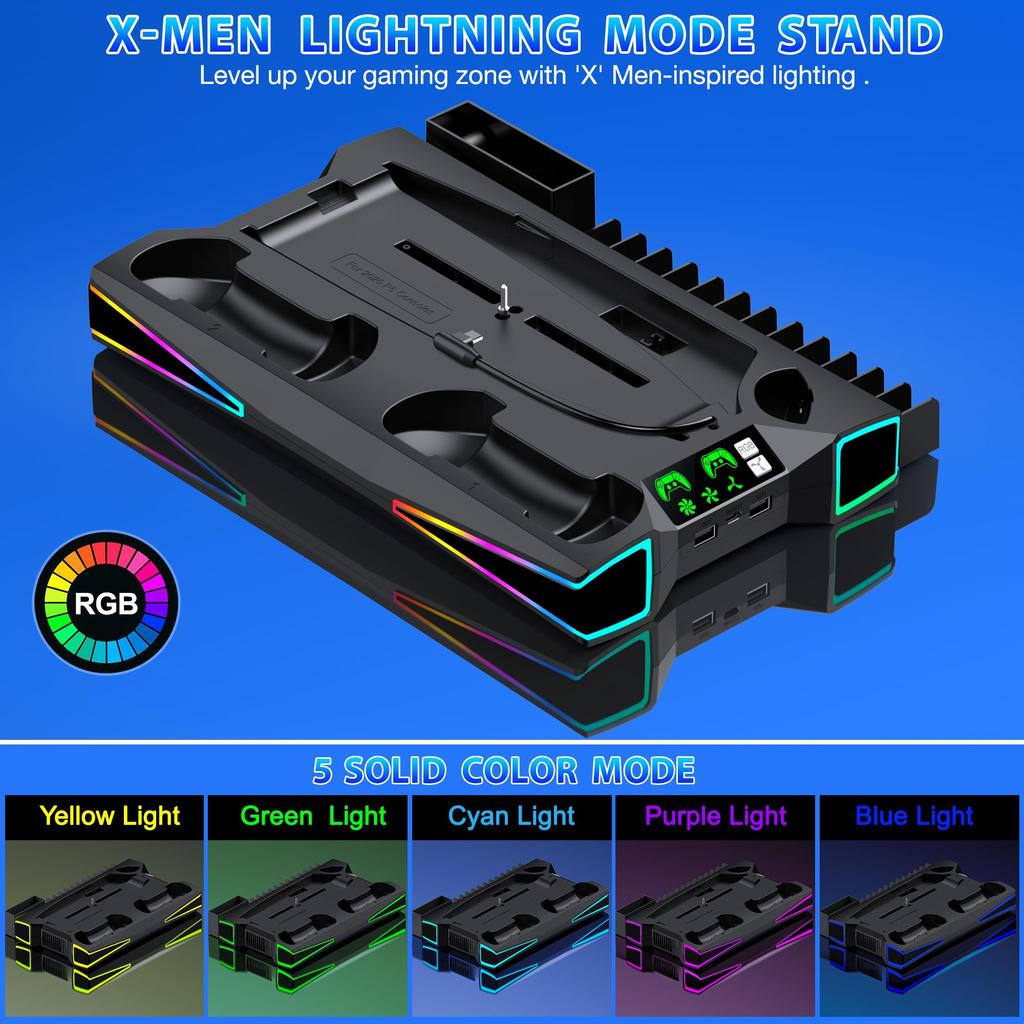 PS5 Slim Stand with RGB Vertical Stand for PS5 Slim Charging Stand for Slim Charging Two Controllers Compatible with PS5 Discs and Digital Cooling