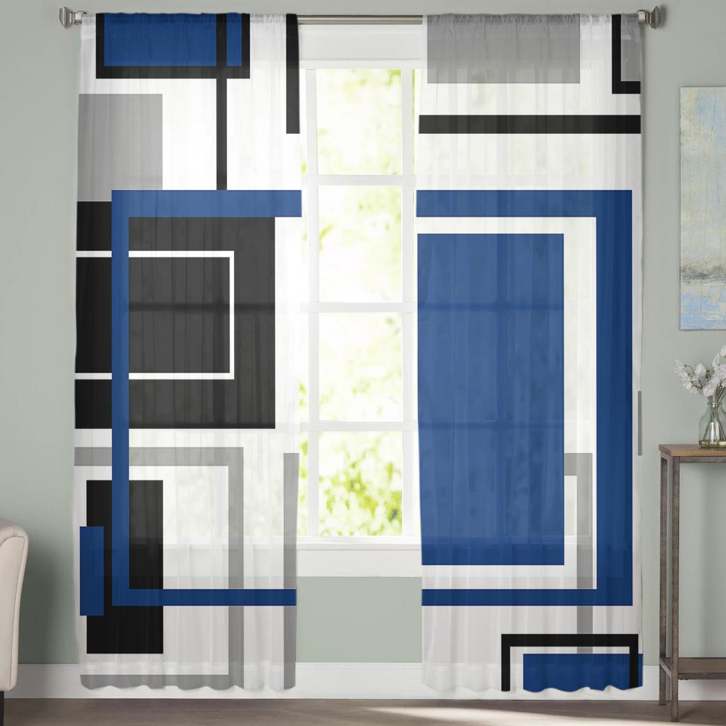 Abstract Geometry Squares Modern Art Window Curtains Sheer Chiffon Tulle Curtain Home Living Room Backdrop Decoration