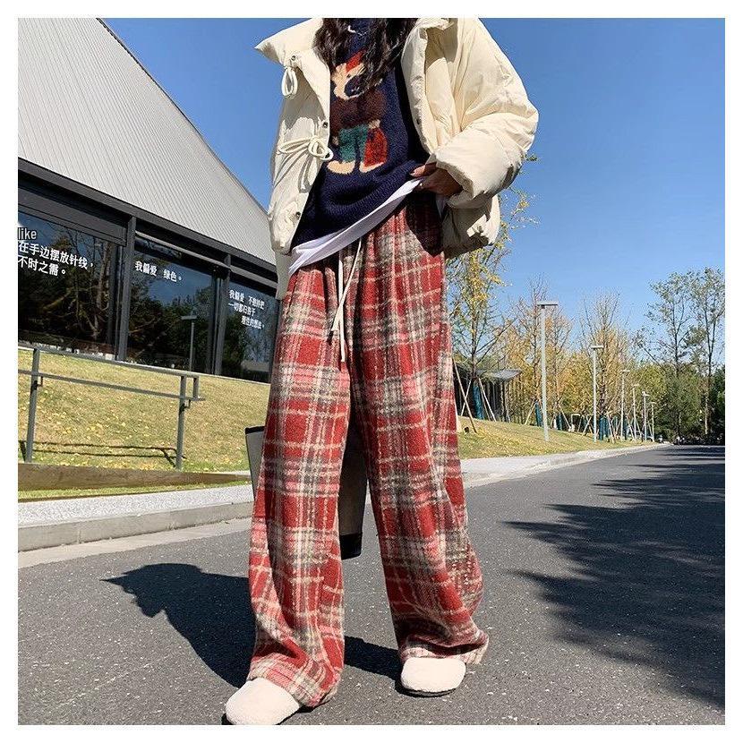 Women's Dark Blue Wool Plaid High-Waist Wide-Leg Trousers for Autumn and Winter