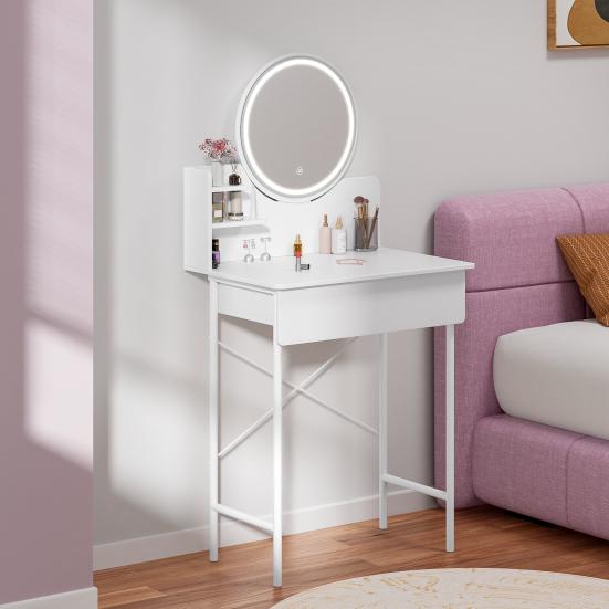 Makeup Vanity Desk with LED Lighted Mirror, Vanity Table with 1 Drawer and 2 Opening Shelves, Bedroom Dressing Table, 3 Modes Brightness Adjustable