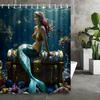 Rideau de douche Sirène Coffre au trésor sous-marin Décor Océan Fantastique Art Sirène Dorée Ensemble de rideaux de bain étanches Maison