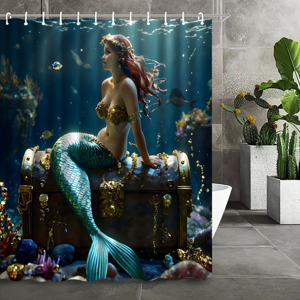 Rideau de douche Sirène Coffre au trésor sous-marin Décor Océan Fantastique Art Sirène Dorée Ensemble de rideaux de bain étanches Maison