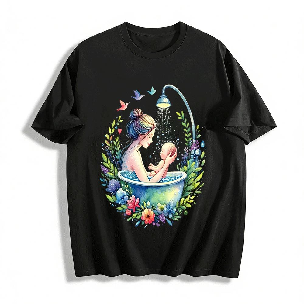 Warm Parent-child Bath Print T-shirt Mother Baby Interaction Top Pure cotton T-shirt XXS