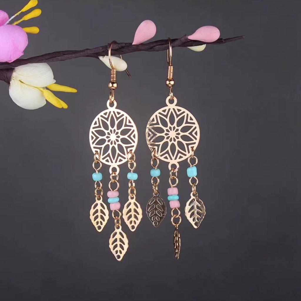 Bohemian Turquoise Owl Dream Catcher Tassel Earrings for Women